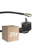Fordelspakning 25x Noxion Power Strømforsyningskabel Svart - Schuko Europlug + Åpne ender - 3m - 3 pole 0,75mm2